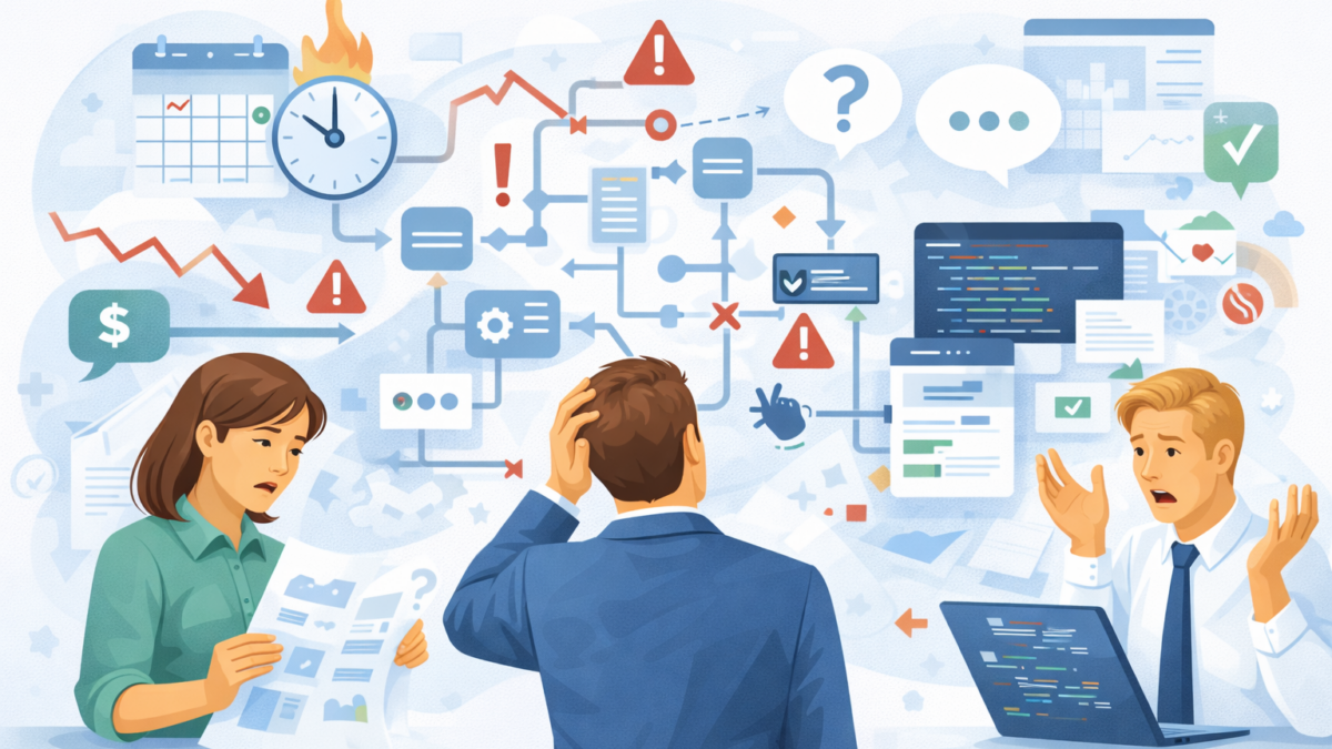 Ilustração de um projeto de desenvolvimento de software mal planejado, com fluxos confusos, documentos incompletos, prazos estourados e equipe demonstrando dúvidas e frustração.