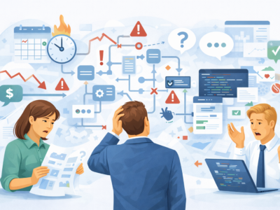 Ilustração de um projeto de desenvolvimento de software mal planejado, com fluxos confusos, documentos incompletos, prazos estourados e equipe demonstrando dúvidas e frustração.
