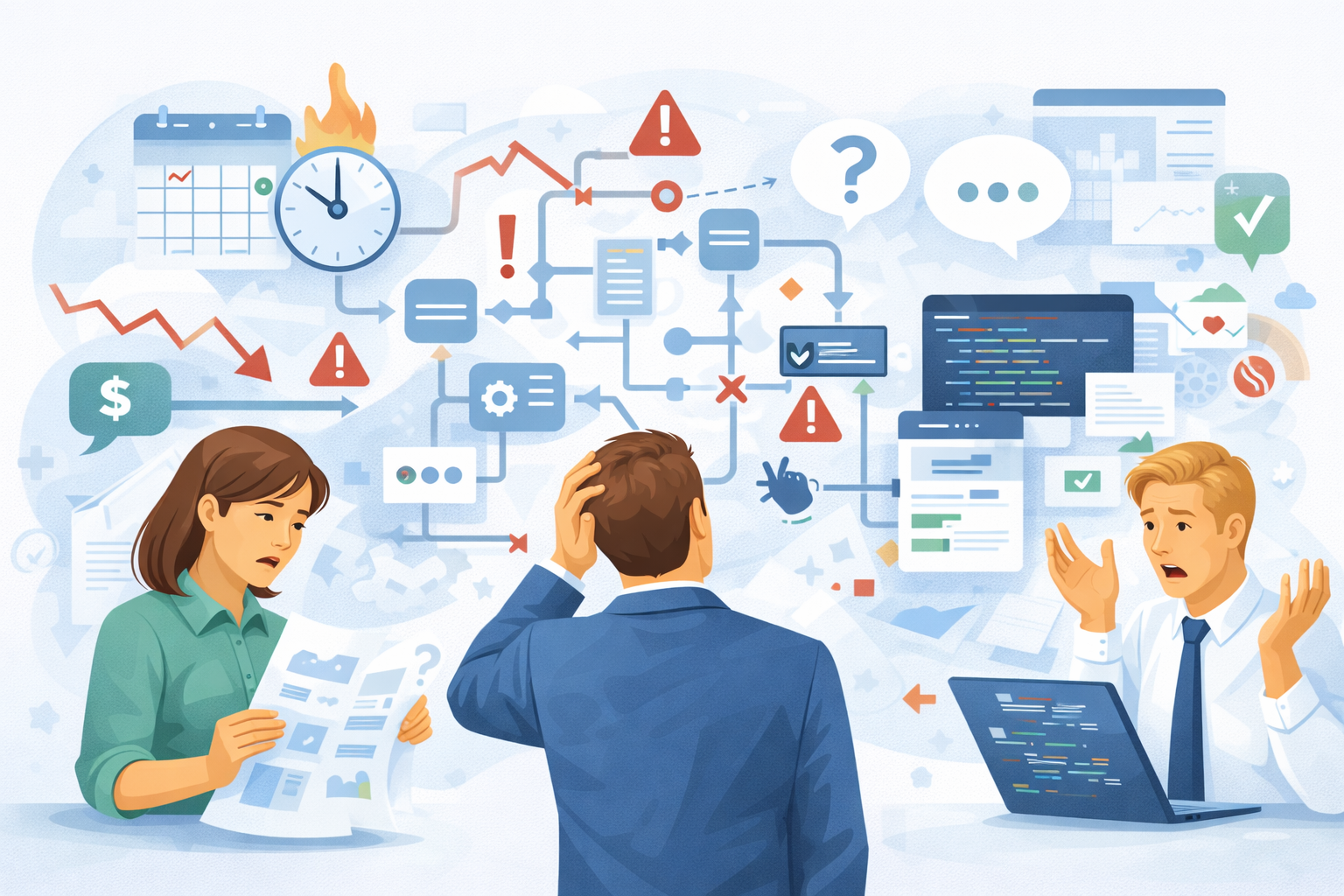 Ilustração de um projeto de desenvolvimento de software mal planejado, com fluxos confusos, documentos incompletos, prazos estourados e equipe demonstrando dúvidas e frustração.