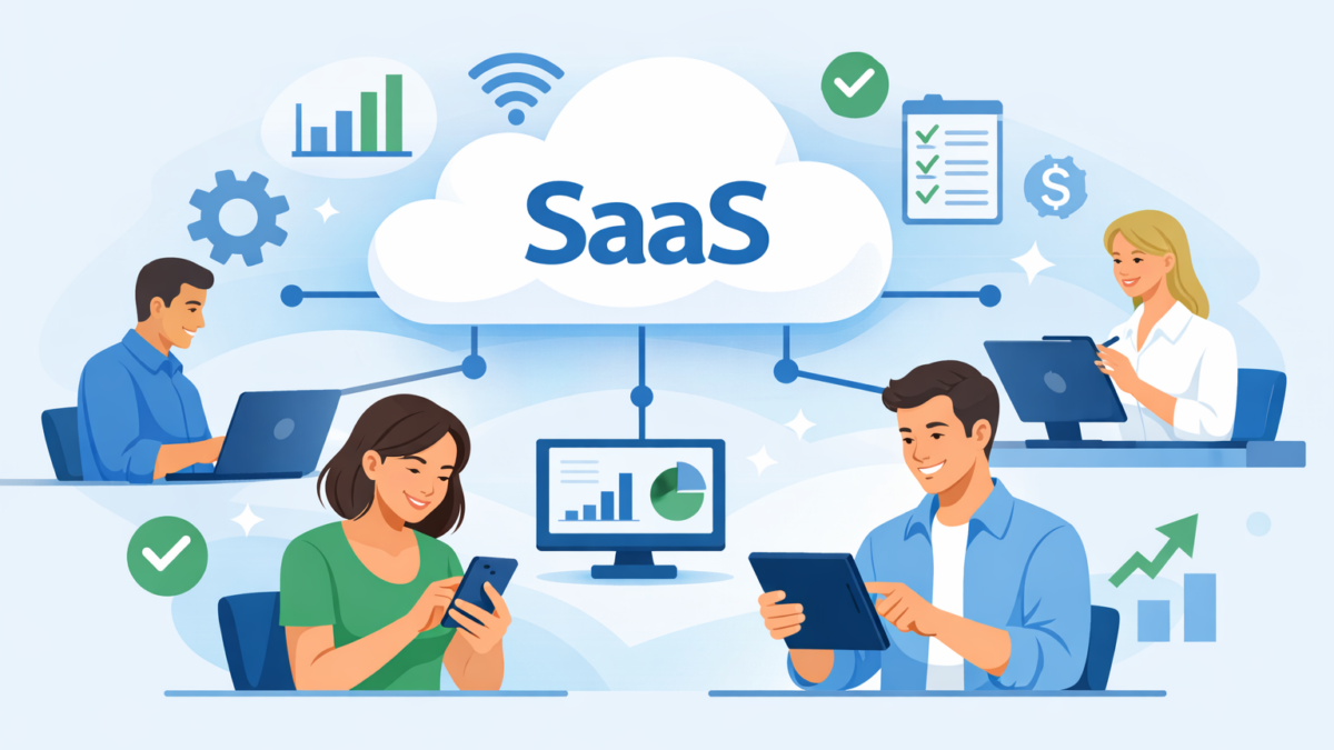 Ilustração do modelo SaaS (Software como Serviço) com uma nuvem conectando notebook, smartphone, tablet e desktop, mostrando pessoas usando softwares online de forma simples e produtiva.