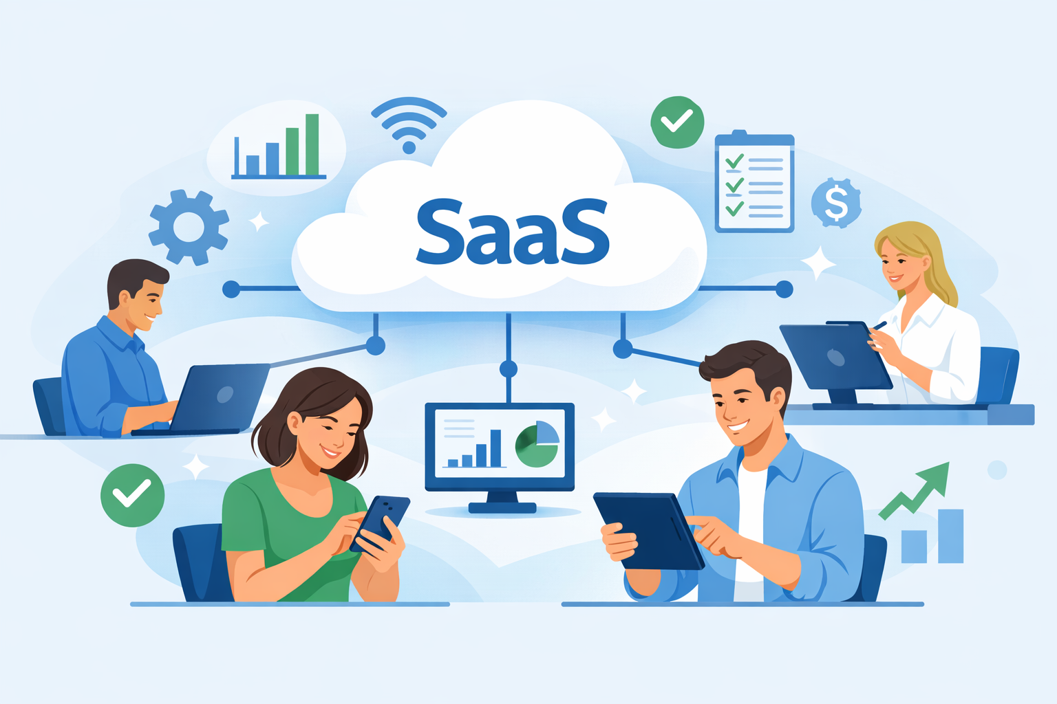 Ilustração do modelo SaaS (Software como Serviço) com uma nuvem conectando notebook, smartphone, tablet e desktop, mostrando pessoas usando softwares online de forma simples e produtiva.