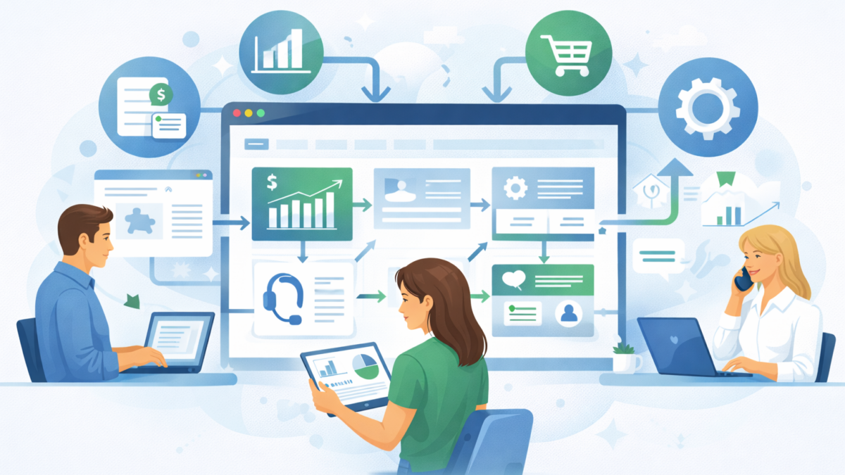 Ilustração mostrando uma tela ao meio, nessa tela aparece fluxos da empresa, ao redor da tela vários icones ao redor mostrando diversas áreas da empresa como vendas, relatórios, produtividade.