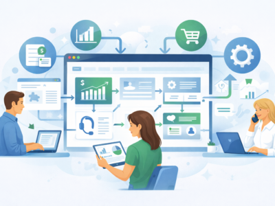 Ilustração mostrando uma tela ao meio, nessa tela aparece fluxos da empresa, ao redor da tela vários icones ao redor mostrando diversas áreas da empresa como vendas, relatórios, produtividade.