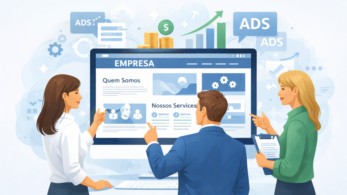 Ilustração de um site institucional sendo analisado por profissionais, destacando páginas essenciais da empresa antes de investir em tráfego pago e anúncios online.