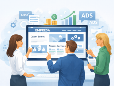 Ilustração de um site institucional sendo analisado por profissionais, destacando páginas essenciais da empresa antes de investir em tráfego pago e anúncios online.