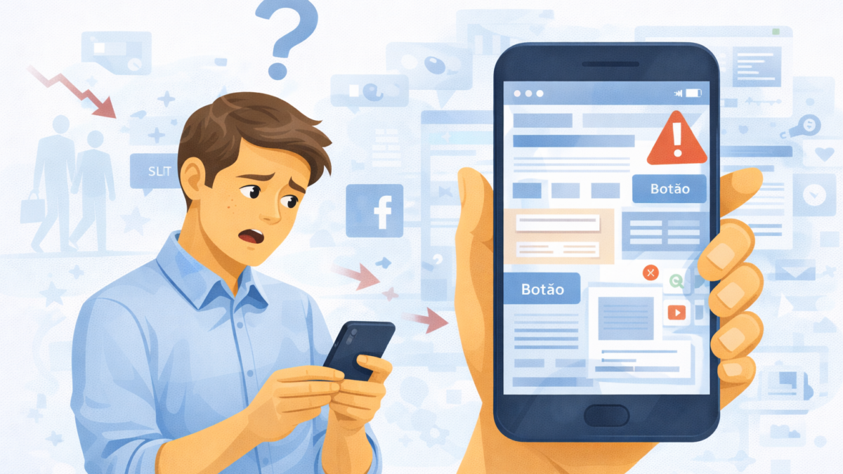 Ilustração de um usuário confuso navegando em um site mal estruturado no celular, com textos pequenos demais, botões pouco claros e layout desorganizado.