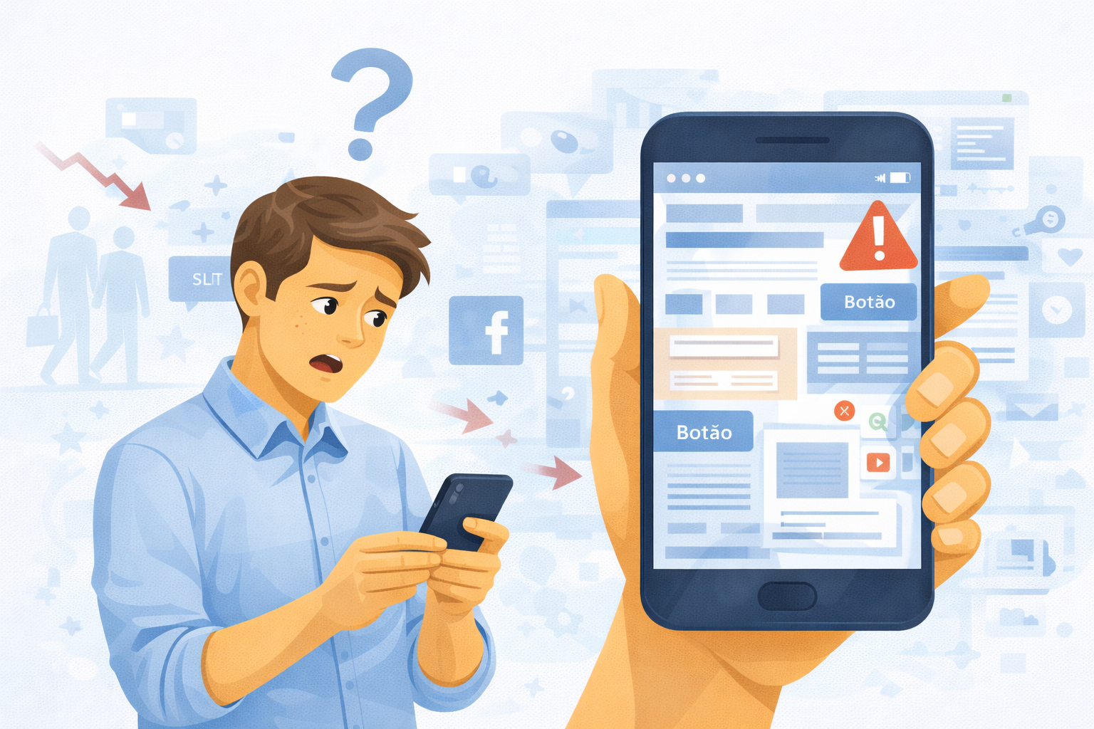 Ilustração de um usuário confuso navegando em um site mal estruturado no celular, com textos pequenos demais, botões pouco claros e layout desorganizado.
