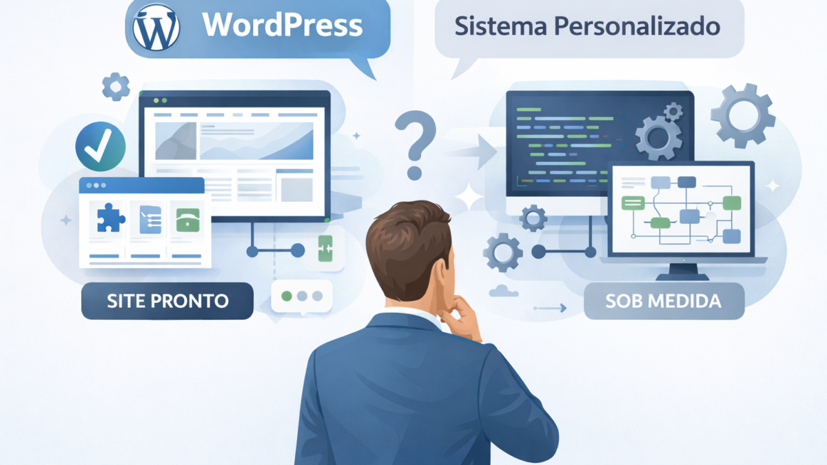 Ilustração comparando WordPress e sistema personalizado, com empresário analisando site pronto com plugins e um sistema sob medida com código e fluxos personalizados.