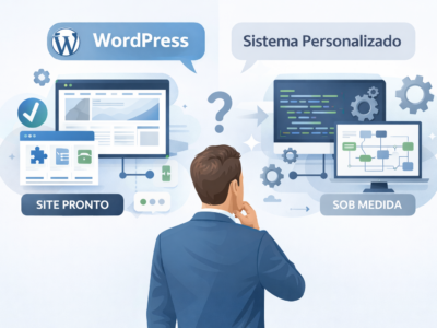 Ilustração comparando WordPress e sistema personalizado, com empresário analisando site pronto com plugins e um sistema sob medida com código e fluxos personalizados.
