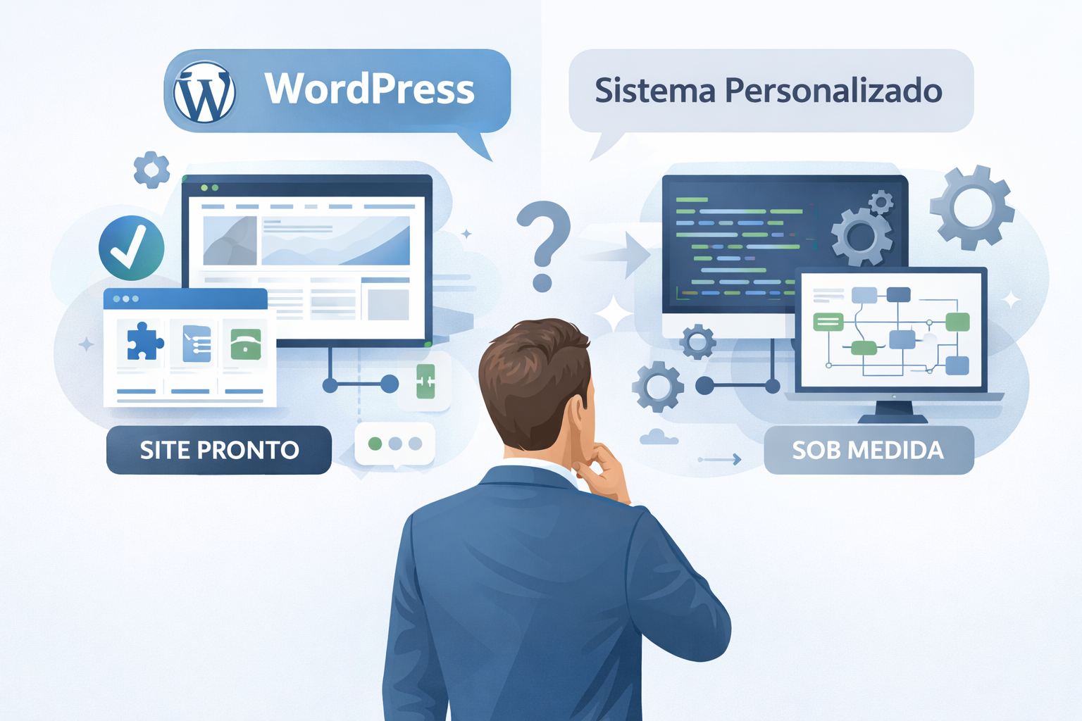 Ilustração comparando WordPress e sistema personalizado, com empresário analisando site pronto com plugins e um sistema sob medida com código e fluxos personalizados.