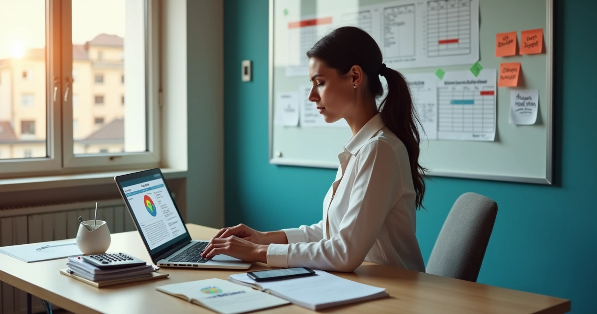 Gestora financeira organizando contas a pagar no notebook com calendário e gráficos ao fundo